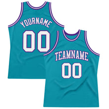 Load image into Gallery viewer, Custom Teal White-Purple Authentic Throwback Basketball Jersey
