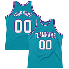 Загрузить изображение в средство просмотра галереи, Custom Teal White-Purple Authentic Throwback Basketball Jersey
