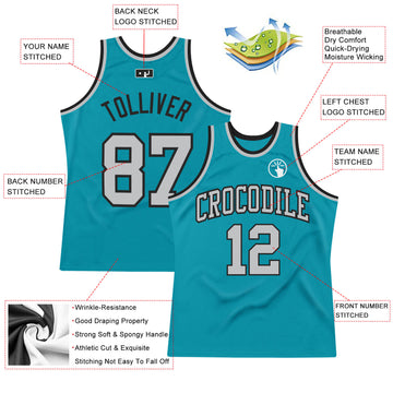 Custom Teal Gray-Black Authentic Throwback Basketball Jersey