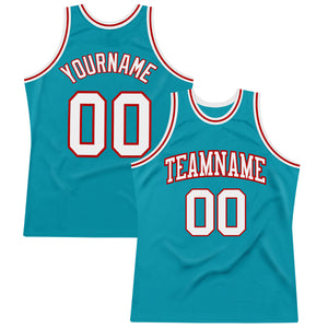 Custom Teal White-Red Authentic Throwback Basketball Jersey