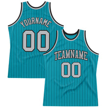 Load image into Gallery viewer, Custom Teal Black Pinstripe Gray Authentic Basketball Jersey
