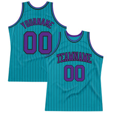 Laden Sie das Bild in den Galerie-Viewer, Custom Teal Black Pinstripe Purple Authentic Basketball Jersey
