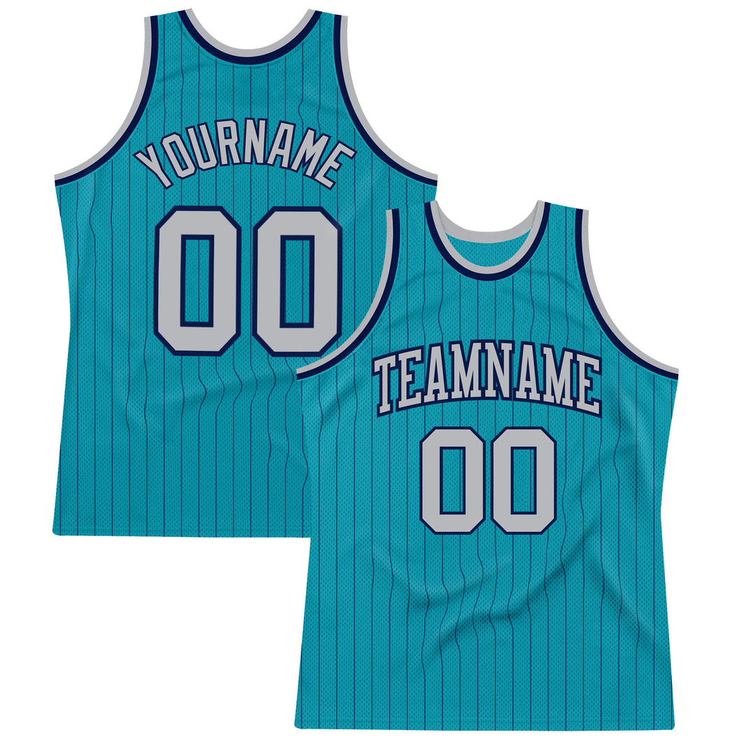 Custom Teal Navy Pinstripe Gray Authentic Basketball Jersey