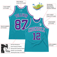 Загрузить изображение в средство просмотра галереи, Custom Teal White Pinstripe Purple Authentic Basketball Jersey
