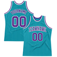 Загрузить изображение в средство просмотра галереи, Custom Teal White Pinstripe Purple Authentic Basketball Jersey
