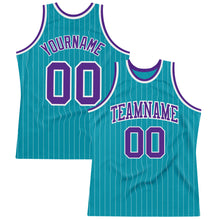 Laden Sie das Bild in den Galerie-Viewer, Custom Teal White Pinstripe Purple Authentic Basketball Jersey

