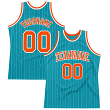 Laden Sie das Bild in den Galerie-Viewer, Custom Teal White Pinstripe Orange Authentic Basketball Jersey
