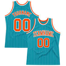 Загрузить изображение в средство просмотра галереи, Custom Teal White Pinstripe Orange Authentic Basketball Jersey
