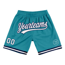 Laden Sie das Bild in den Galerie-Viewer, Custom Teal White-Navy Authentic Throwback Basketball Shorts
