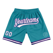 Laden Sie das Bild in den Galerie-Viewer, Custom Teal White-Purple Authentic Throwback Basketball Shorts
