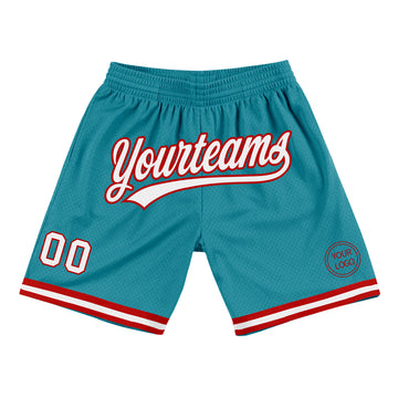 Custom Teal White-Red Authentic Throwback Basketball Shorts