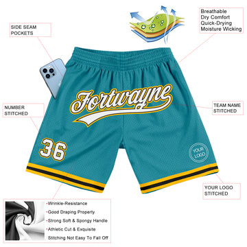 Custom Teal White Black-Gold Authentic Throwback Basketball Shorts