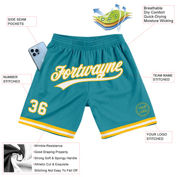 Custom Teal White-Gold Authentic Throwback Basketball Shorts