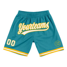 Laden Sie das Bild in den Galerie-Viewer, Custom Teal White-Gold Authentic Throwback Basketball Shorts
