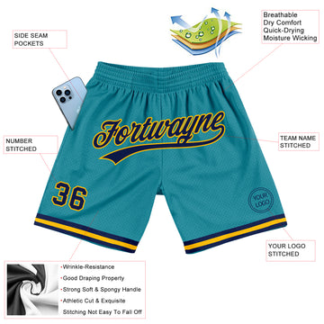 Custom Teal Navy-Gold Authentic Throwback Basketball Shorts