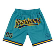 Laden Sie das Bild in den Galerie-Viewer, Custom Teal Navy-Gold Authentic Throwback Basketball Shorts
