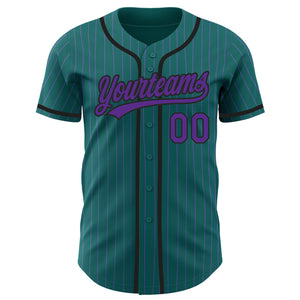 Custom Teal Purple Pinstripe Black Authentic Baseball Jersey