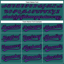 Load image into Gallery viewer, Custom Teal Purple Pinstripe Black Authentic Baseball Jersey
