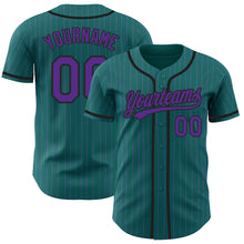 Load image into Gallery viewer, Custom Teal Purple Pinstripe Black Authentic Baseball Jersey
