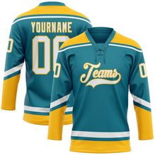 Load image into Gallery viewer, Custom Teal White-Gold Hockey Lace Neck Jersey
