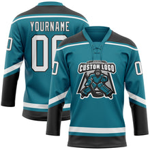 Load image into Gallery viewer, Custom Teal White-Black Hockey Lace Neck Jersey
