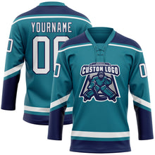 Load image into Gallery viewer, Custom Teal White-Navy Hockey Lace Neck Jersey
