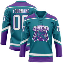 Load image into Gallery viewer, Custom Teal White-Purple Hockey Lace Neck Jersey
