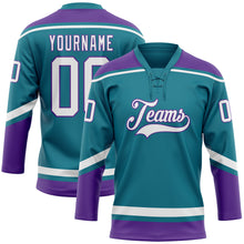 Laden Sie das Bild in den Galerie-Viewer, Custom Teal White-Purple Hockey Lace Neck Jersey
