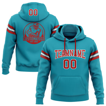 Custom Stitched Teal Red-White Football Pullover Sweatshirt Hoodie