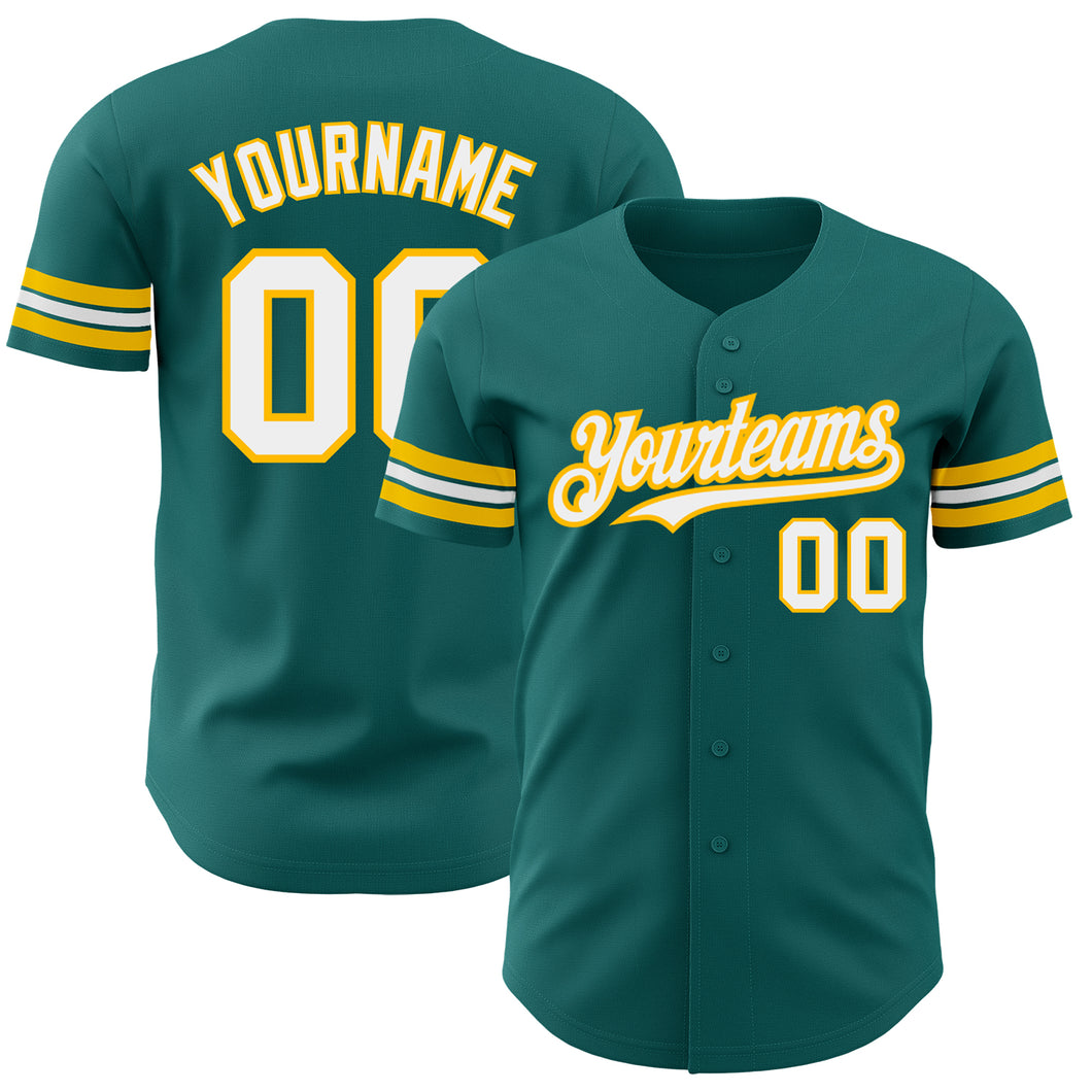 Custom Teal White-Gold Authentic Baseball Jersey