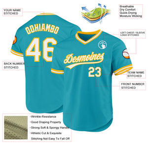 Custom Teal White-Gold Authentic Throwback Baseball Jersey