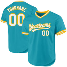Load image into Gallery viewer, Custom Teal White-Gold Authentic Throwback Baseball Jersey
