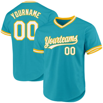 Custom Teal White-Gold Authentic Throwback Baseball Jersey