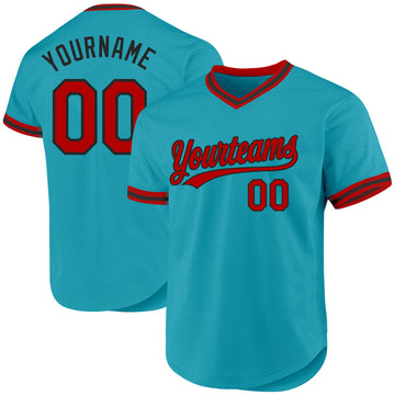 Custom Teal Red-Black Authentic Throwback Baseball Jersey