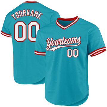 Custom Teal White-Red Authentic Throwback Baseball Jersey