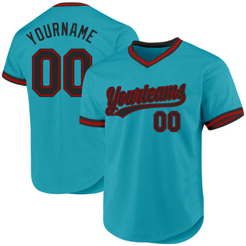 Custom Teal Black-Red Authentic Throwback Baseball Jersey