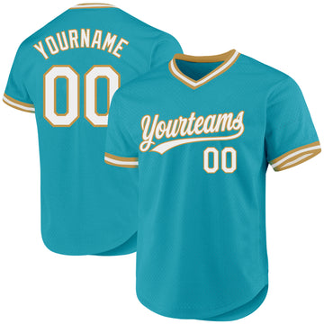 Custom Teal White-Old Gold Authentic Throwback Baseball Jersey