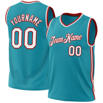 Custom Teal White-Red Authentic Throwback Basketball Jersey