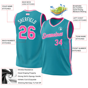 Custom Teal Pink-White Authentic Throwback Basketball Jersey