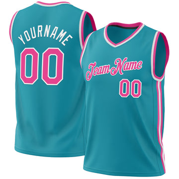 Custom Teal Pink-White Authentic Throwback Basketball Jersey