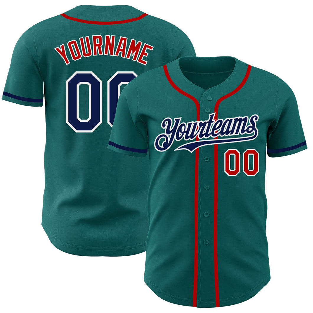 Custom Teal Navy-Red Authentic Baseball Jersey