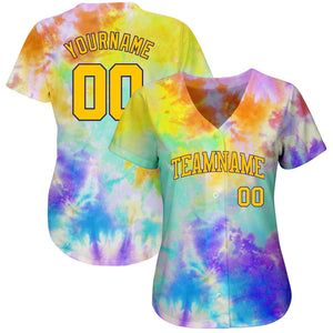 Custom Tie Dye Gold-Purple 3D Authentic Baseball Jersey