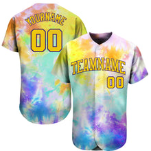 Load image into Gallery viewer, Custom Tie Dye Gold-Purple 3D Authentic Baseball Jersey
