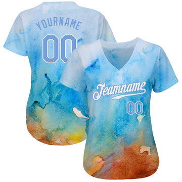 Custom Tie Dye Light Blue-White 3D Authentic Baseball Jersey