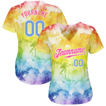 Laden Sie das Bild in den Galerie-Viewer, Custom Tie Dye Light Blue-Pink 3D Rainbow Authentic Baseball Jersey
