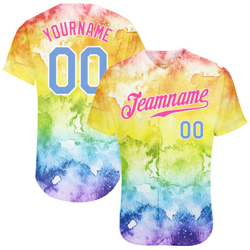 Custom Tie Dye Light Blue-Pink 3D Rainbow Authentic Baseball Jersey