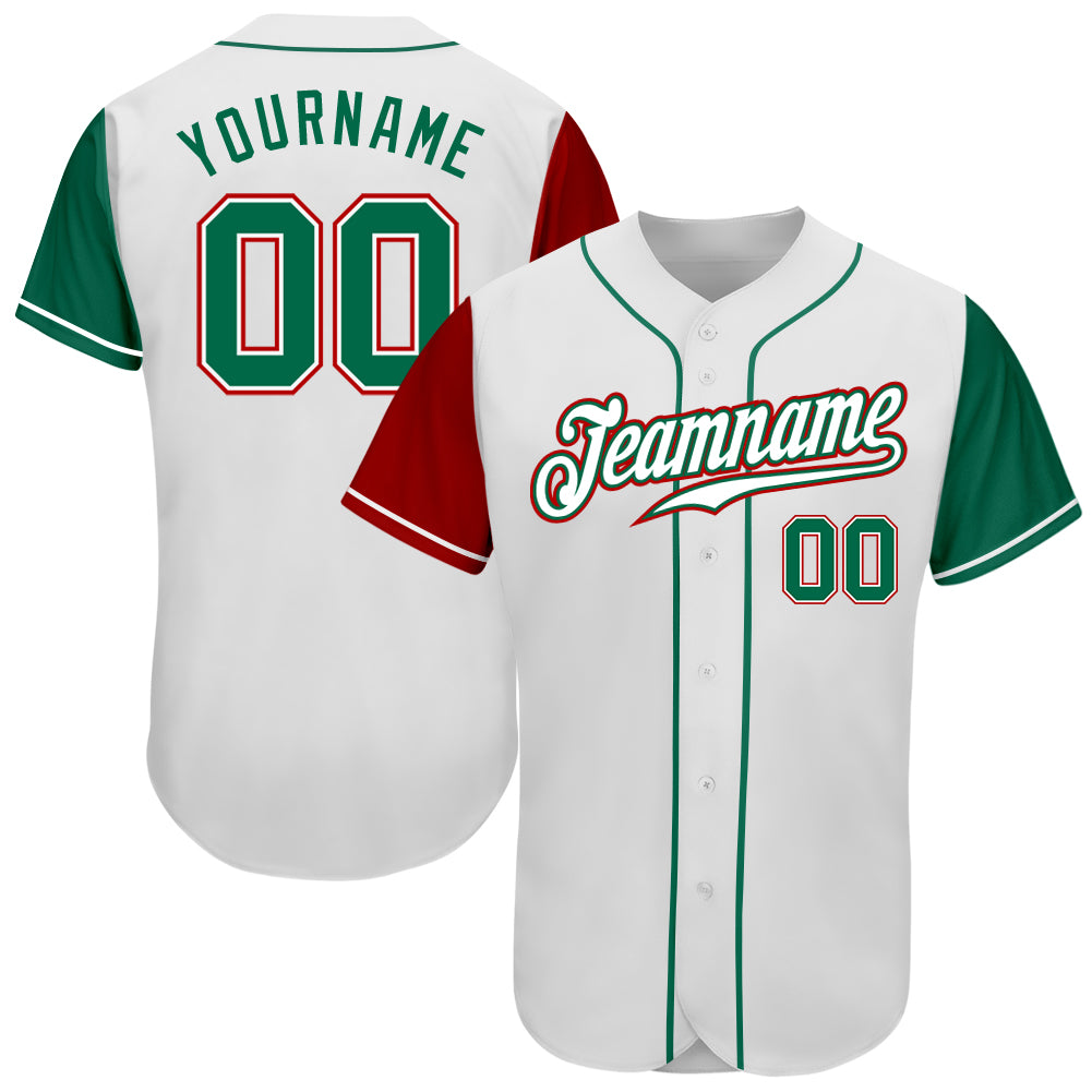 Custom White Kelly Green-Red Authentic Two Tone Baseball Jersey