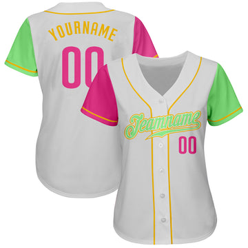 Custom White Pink Pea Green-Gold Authentic Two Tone Baseball Jersey