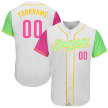 Laden Sie das Bild in den Galerie-Viewer, Custom White Pink Pea Green-Gold Authentic Two Tone Baseball Jersey
