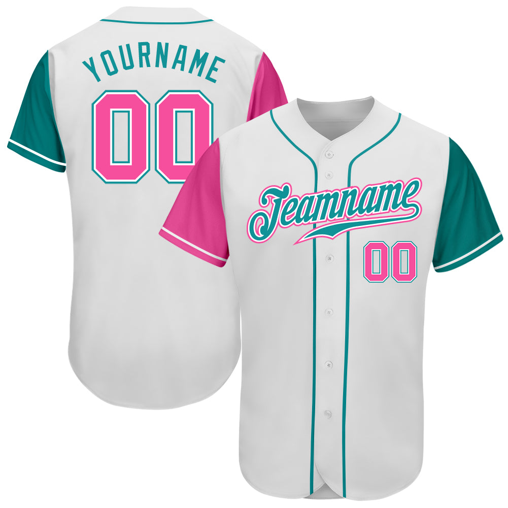 Custom White Pink-Teal Authentic Two Tone Baseball Jersey